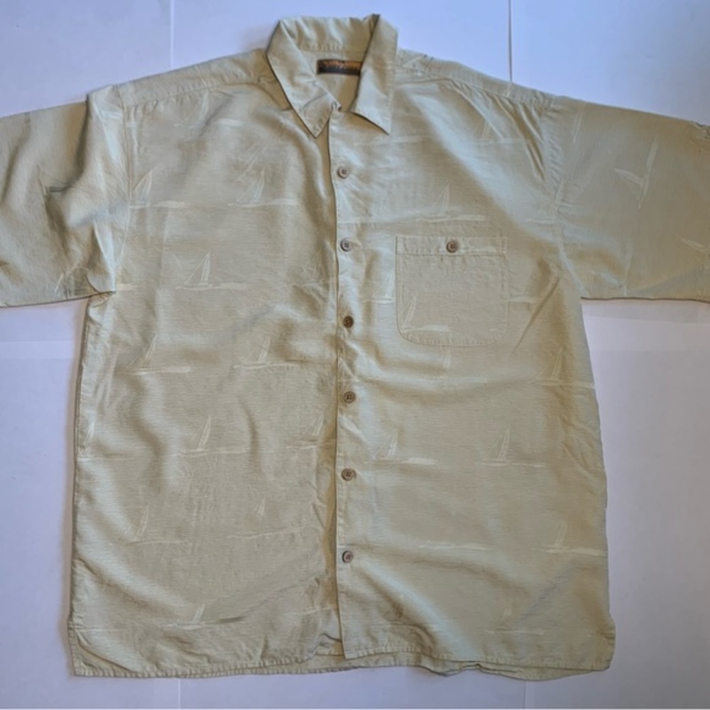Bobby Chan 100% Silk Sail Boat Polo Summer Vacation Hawaiian Shirt XL Off Yellow - Picture 8 of 12